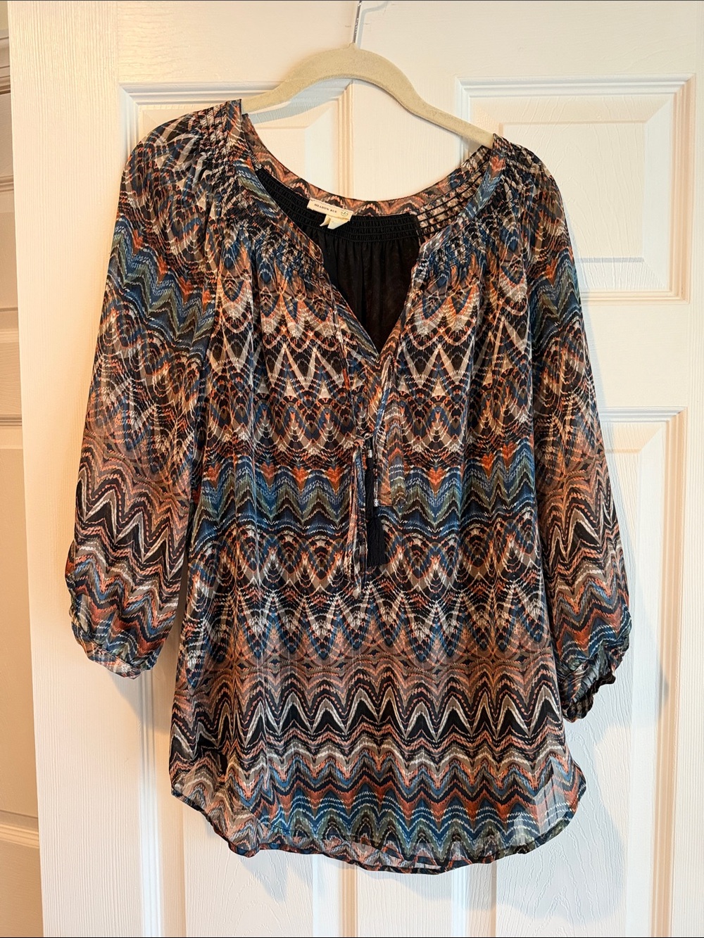 Meadow Rue Multicolor Chevron-Print Peasant Blouse with Tassel Tie